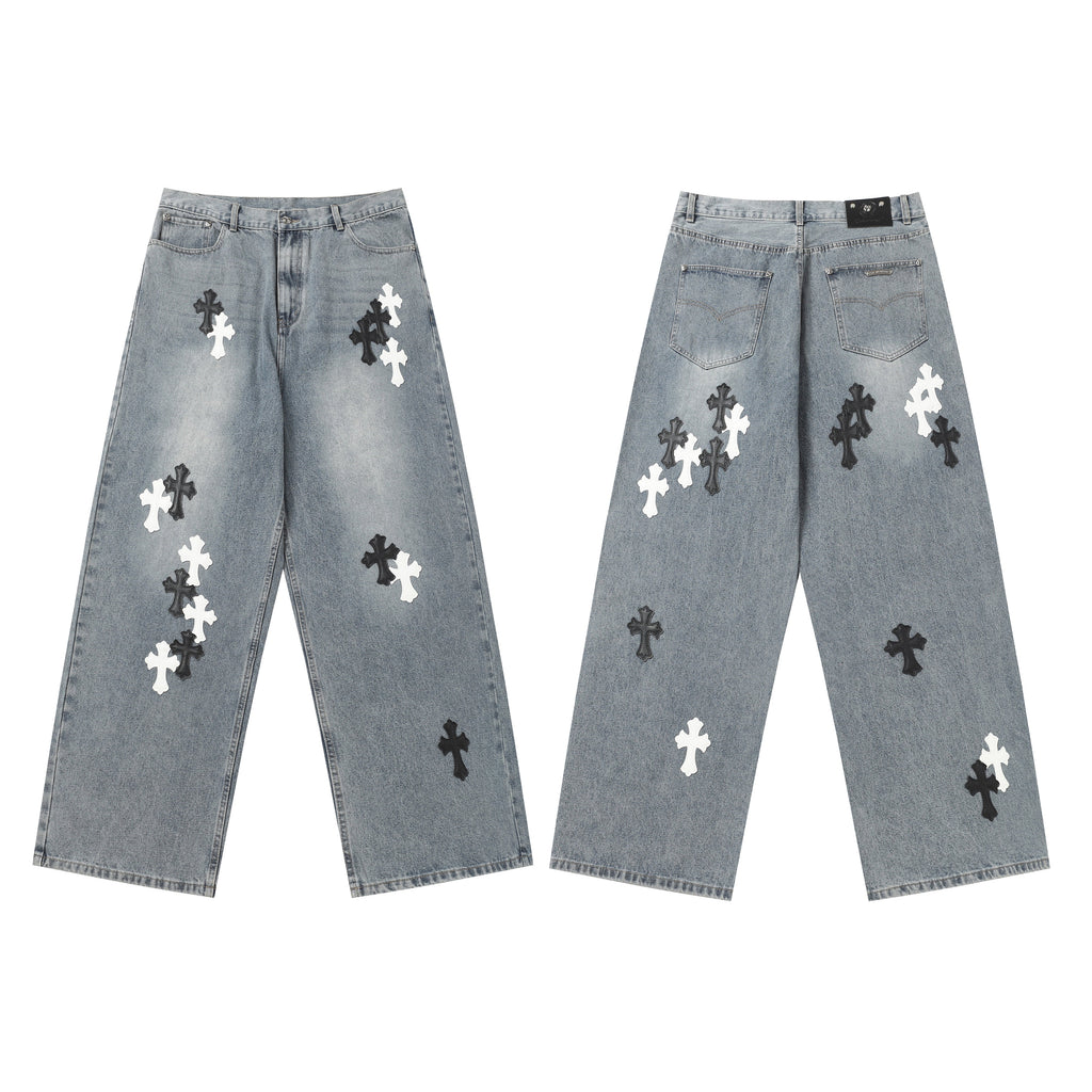 Chrome Hearts White & black Leather Cross Patches Jeans