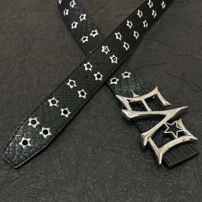 Y2K Punk LOVE Buckle Snake Texture Star Eyelet Leather Waist Belt