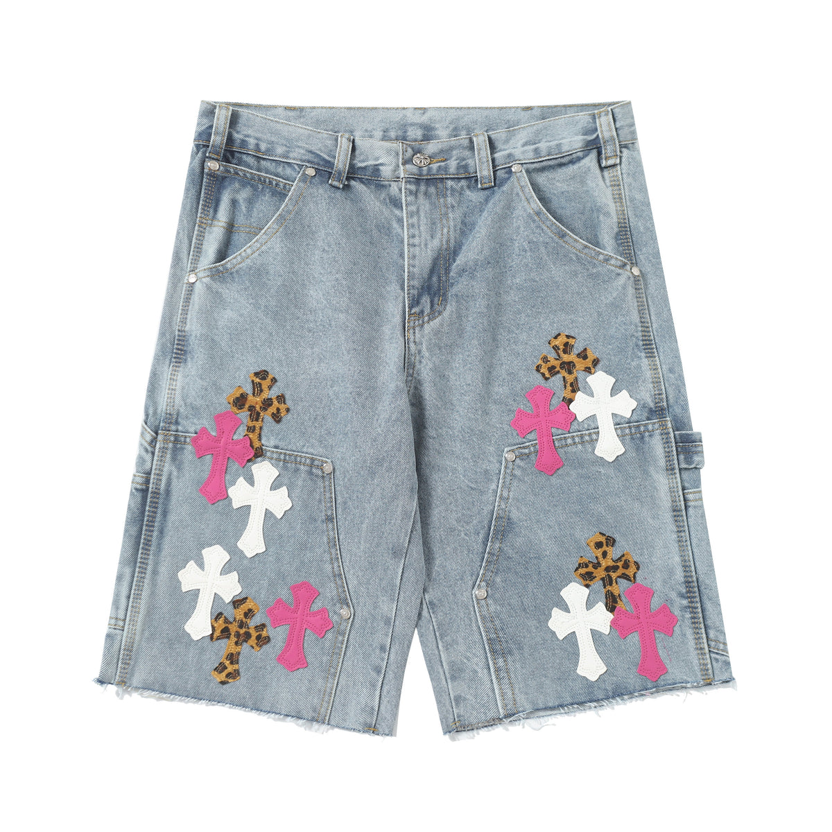 Chrome Hearts Vintage Cross Patchwork Washed Carpenter Denim Shorts 201