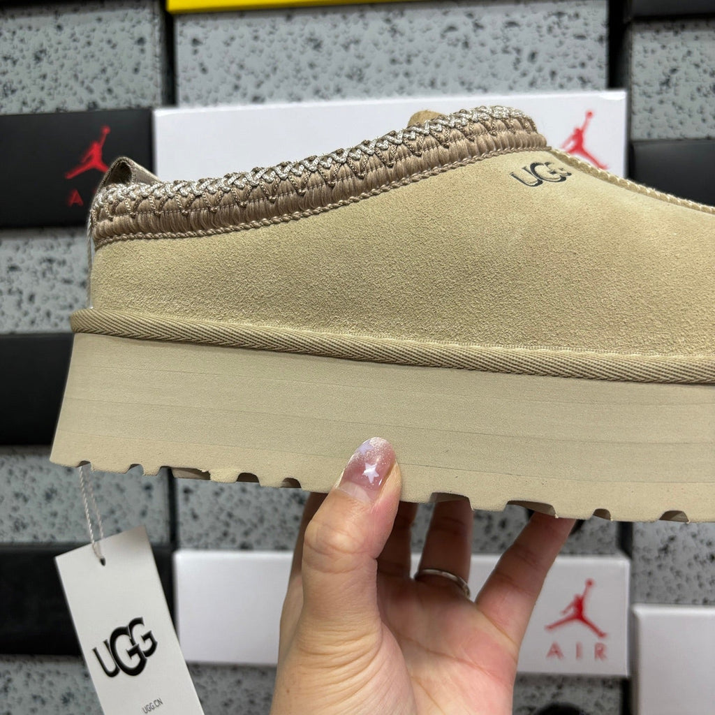 UGG Tazz Platform Slipper – Women’s Suede Clog with Braided Collar & Sheepskin Lining in Sand