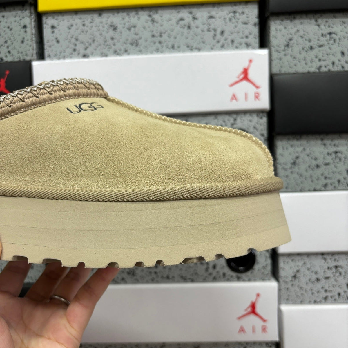 UGG Tazz Platform Slipper – Women’s Suede Clog with Braided Collar & Sheepskin Lining in Sand