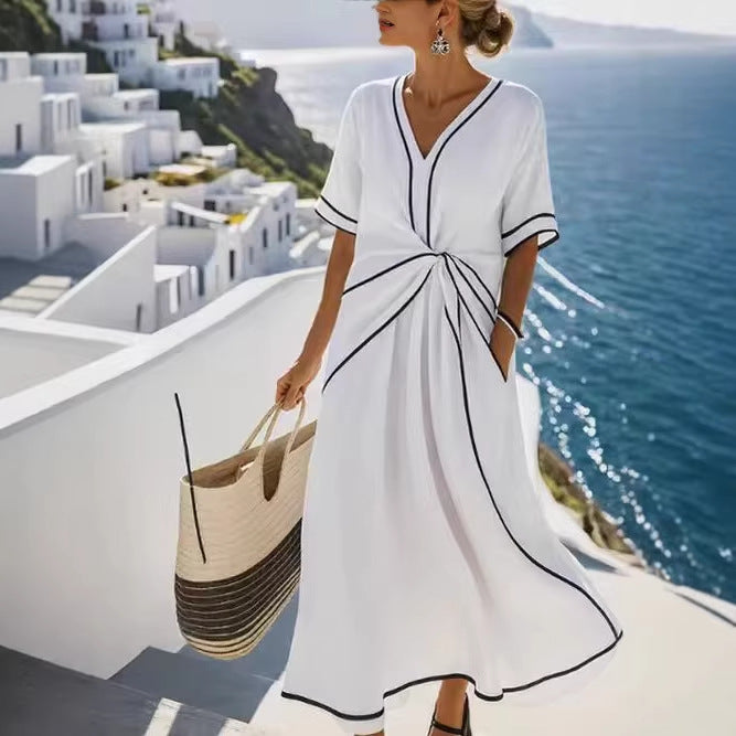 Women's Boho V-Neck Twist-Front Linen Maxi Beach Dress