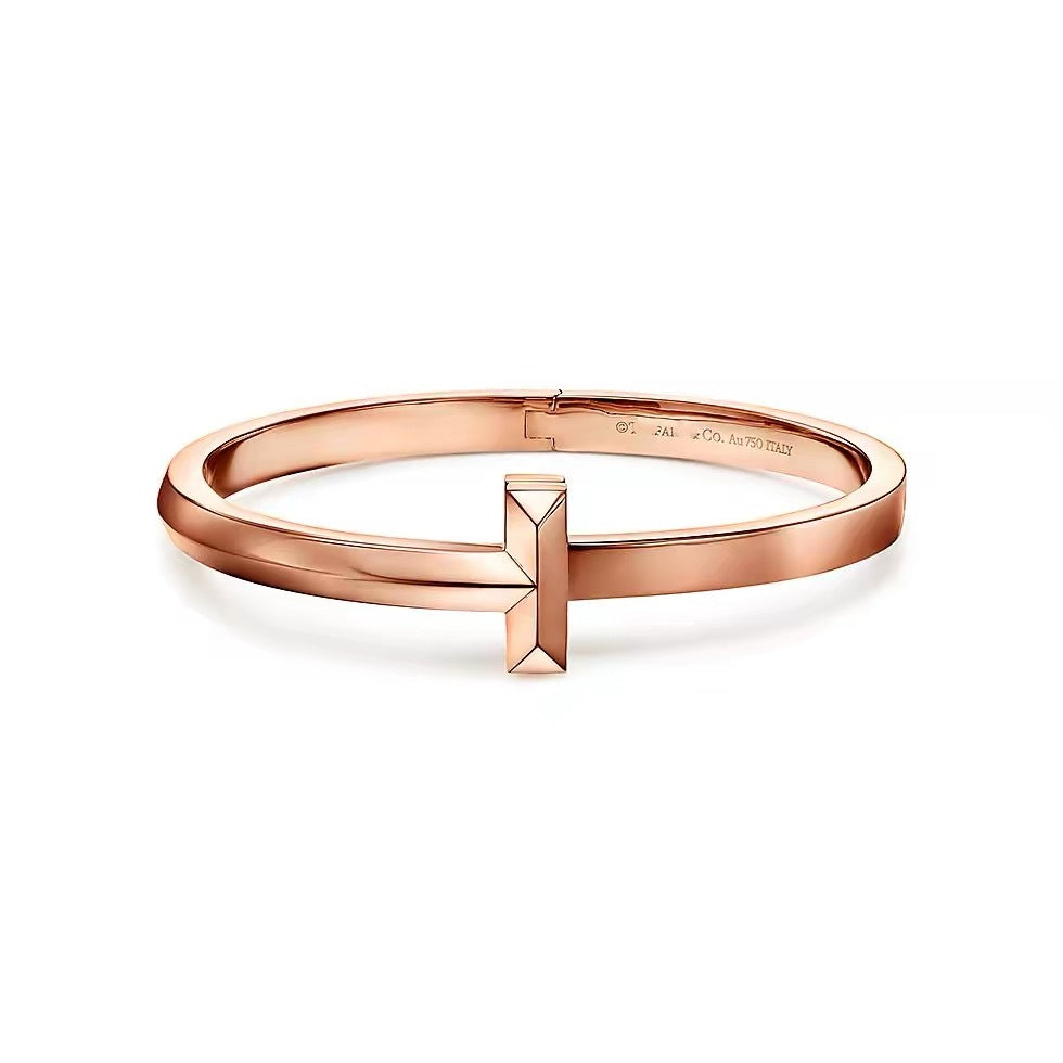 Tiffany Style T Motif Cubic Zirconia 18K Gold-Plated Bangle