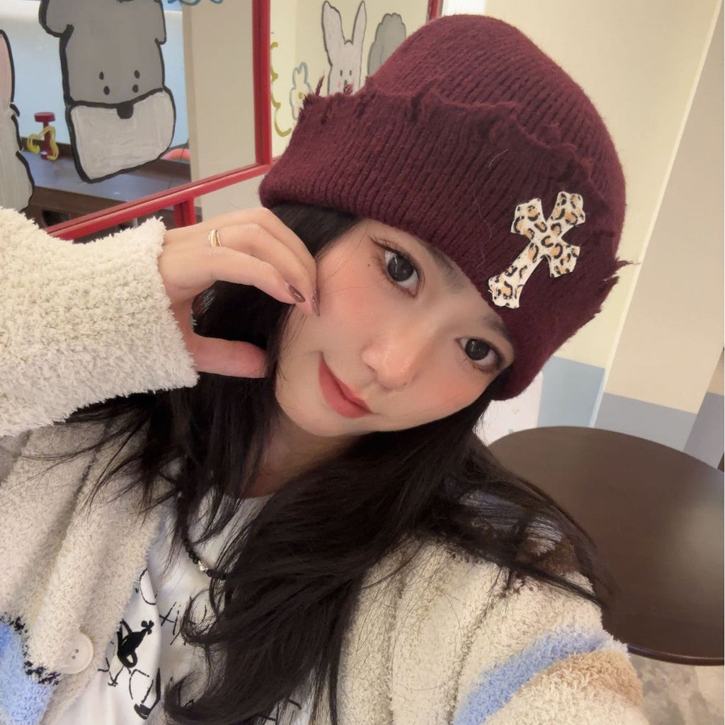 Leopard Cross Distressed Knit Beanie Cuffed Winter Hat Multi‑Style