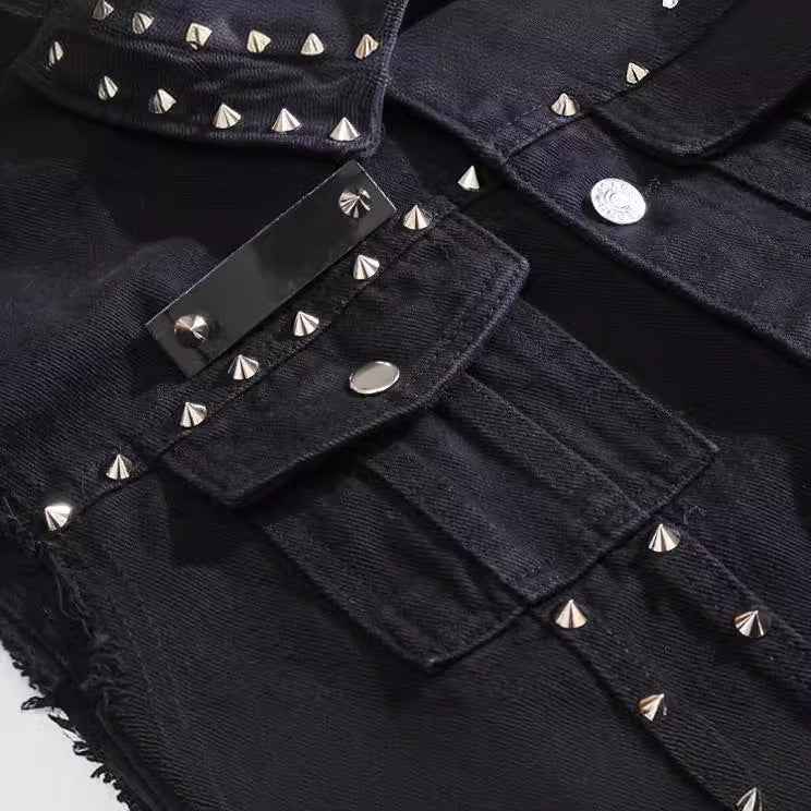 Studded Biker Distressed Raw-Edge Denim Vest Unisex