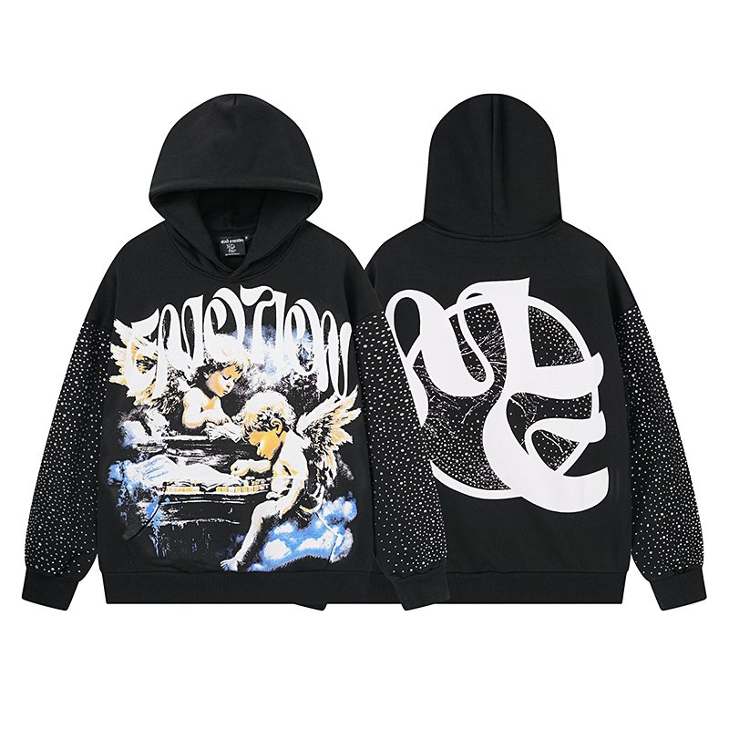 Mixed Emotion Angel Rhinestone Sleeve Graphic Hoodie