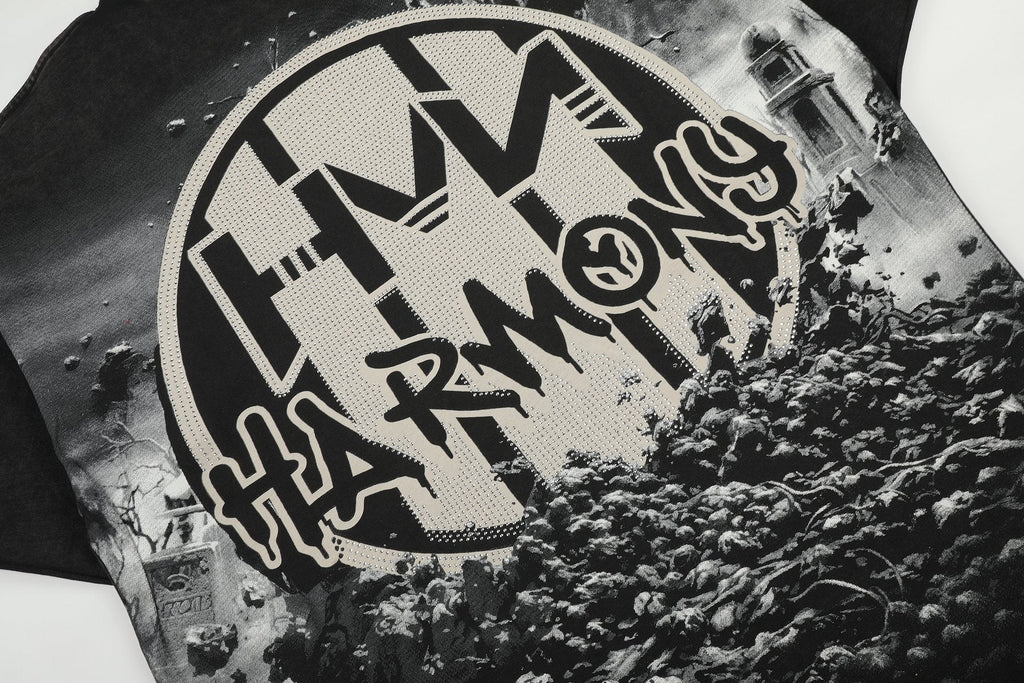 HARMONY Washed Black Rhinestone Graphic T-Shirt