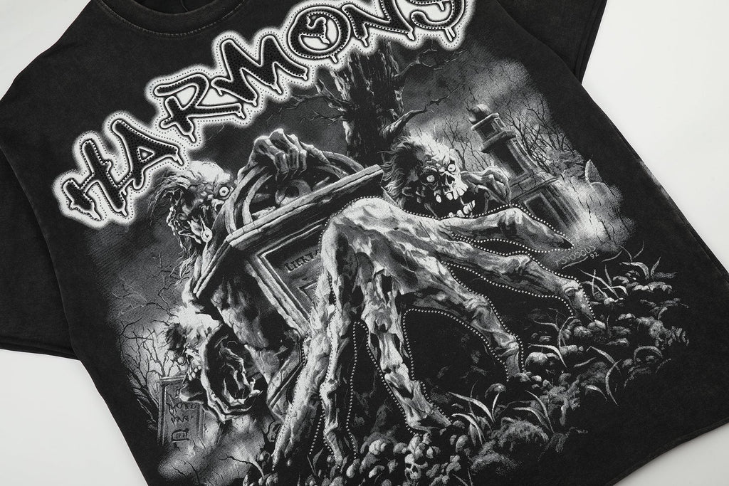 HARMONY Washed Black Rhinestone Graphic T-Shirt