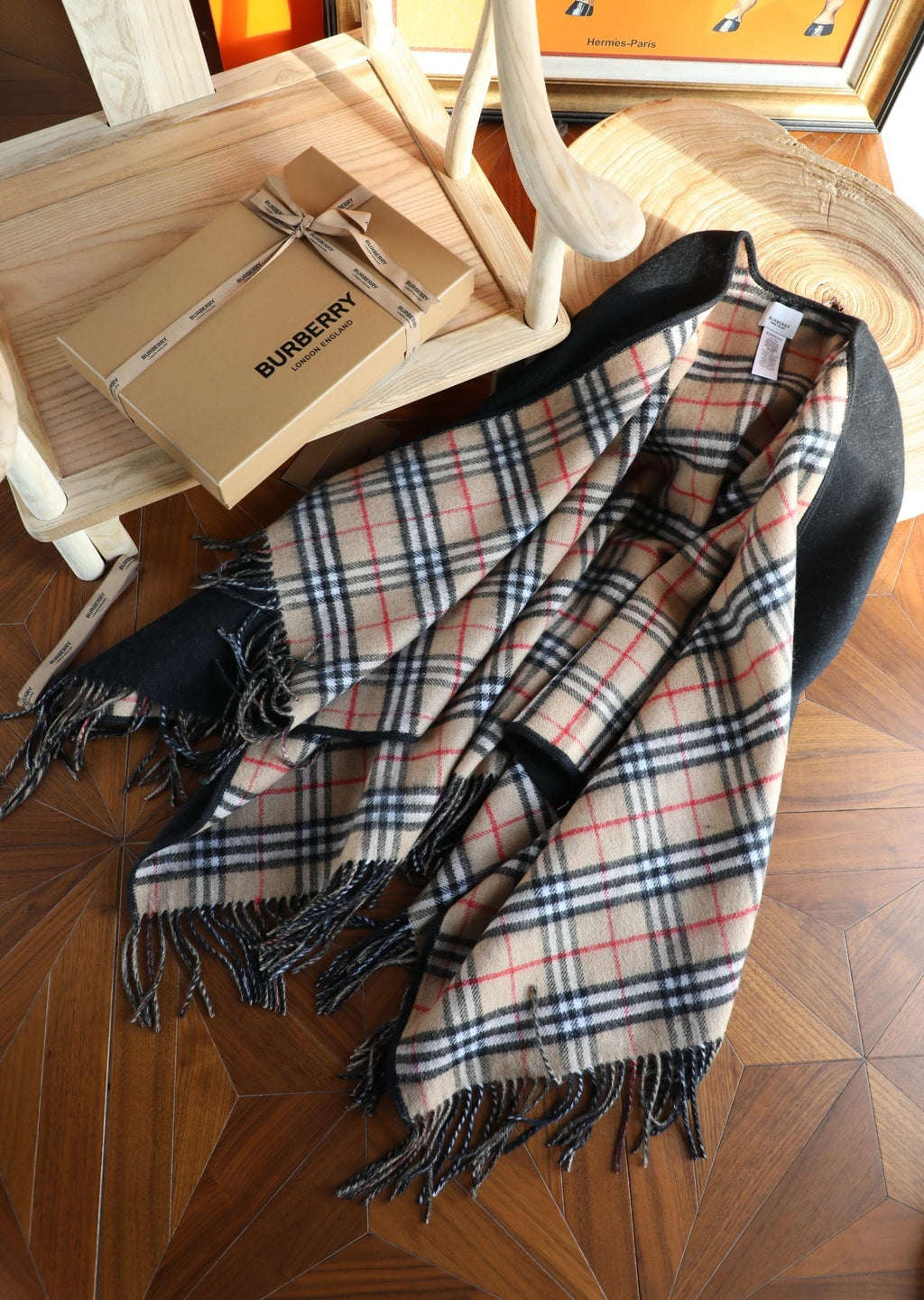 Burberry Style Reversible Plaid Cape Scarf