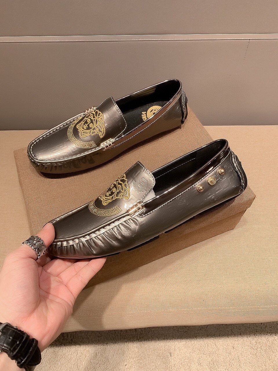 Versace Gunmetal Medusa Loafers