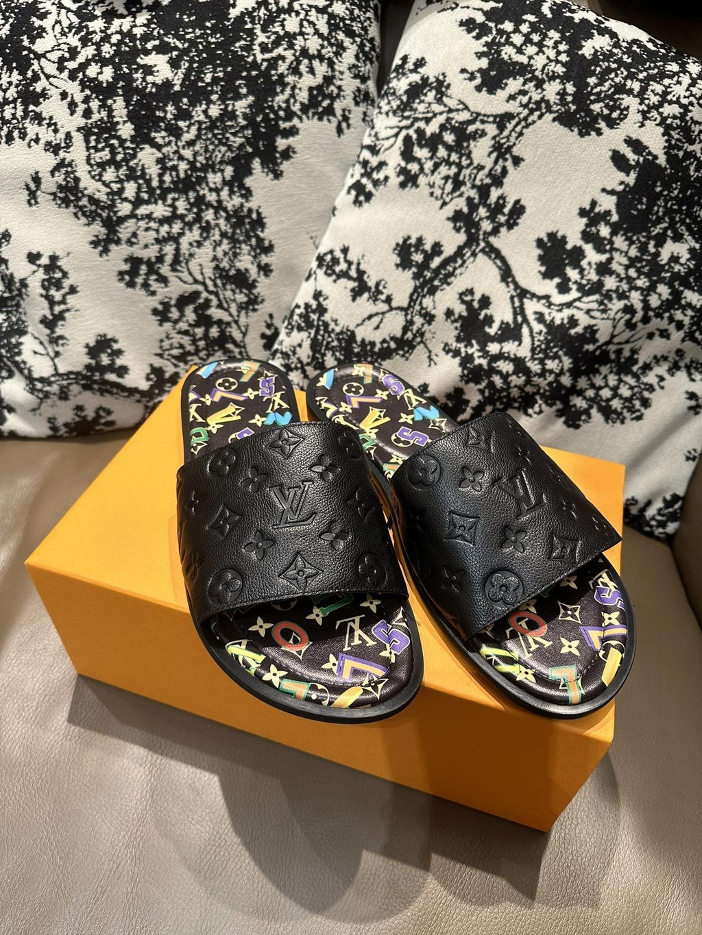 Louis Vuitton Black Embossed Slide Sandals - Open Toe