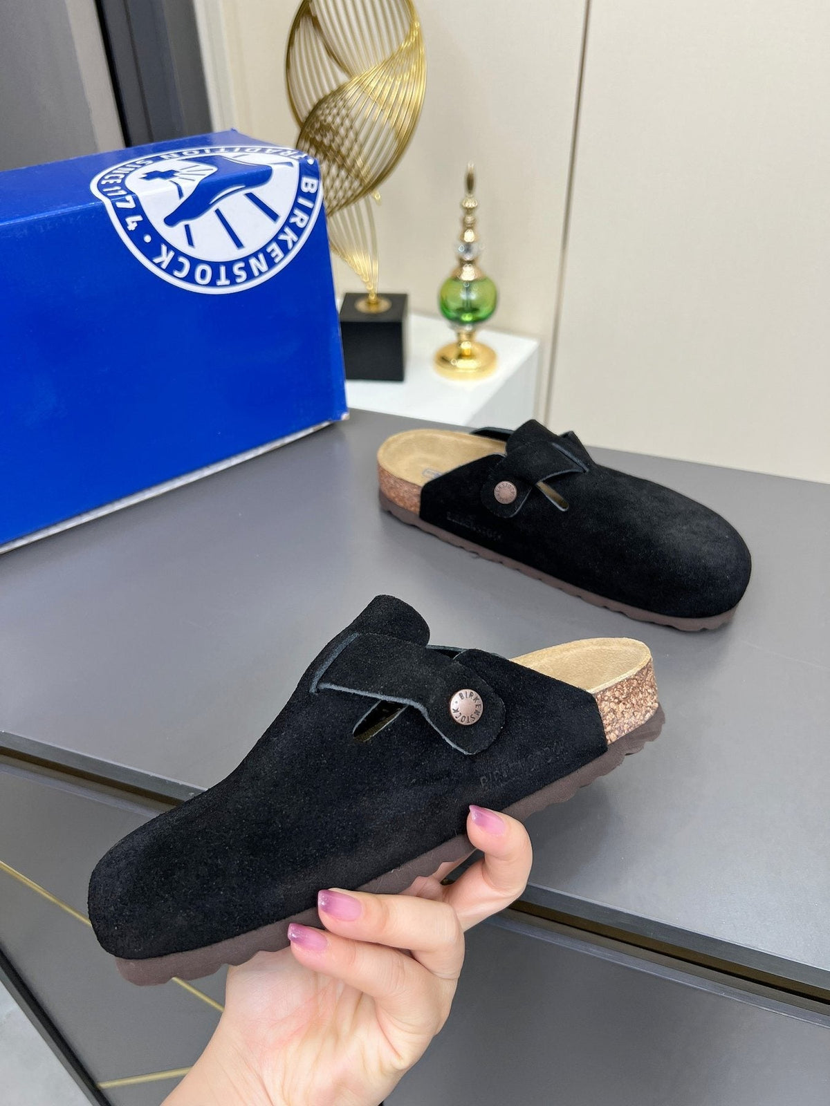 Birkenstock Black Suede Buckle Mule Clogs