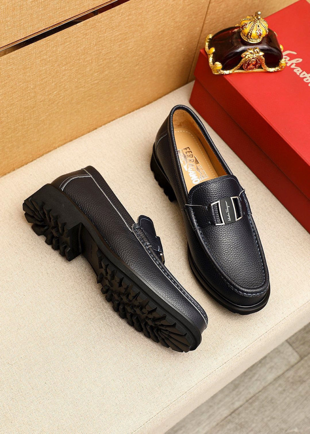Ferragamo Black Buckle Leather Loafers
