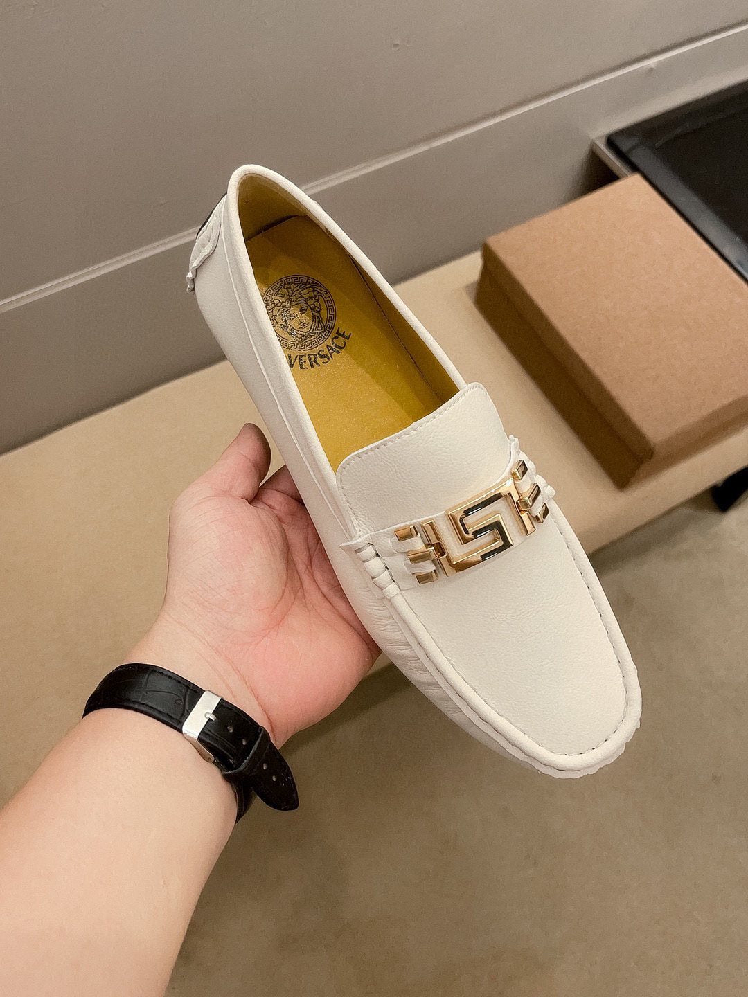 Versace Cream White Gold-Tone Loafers