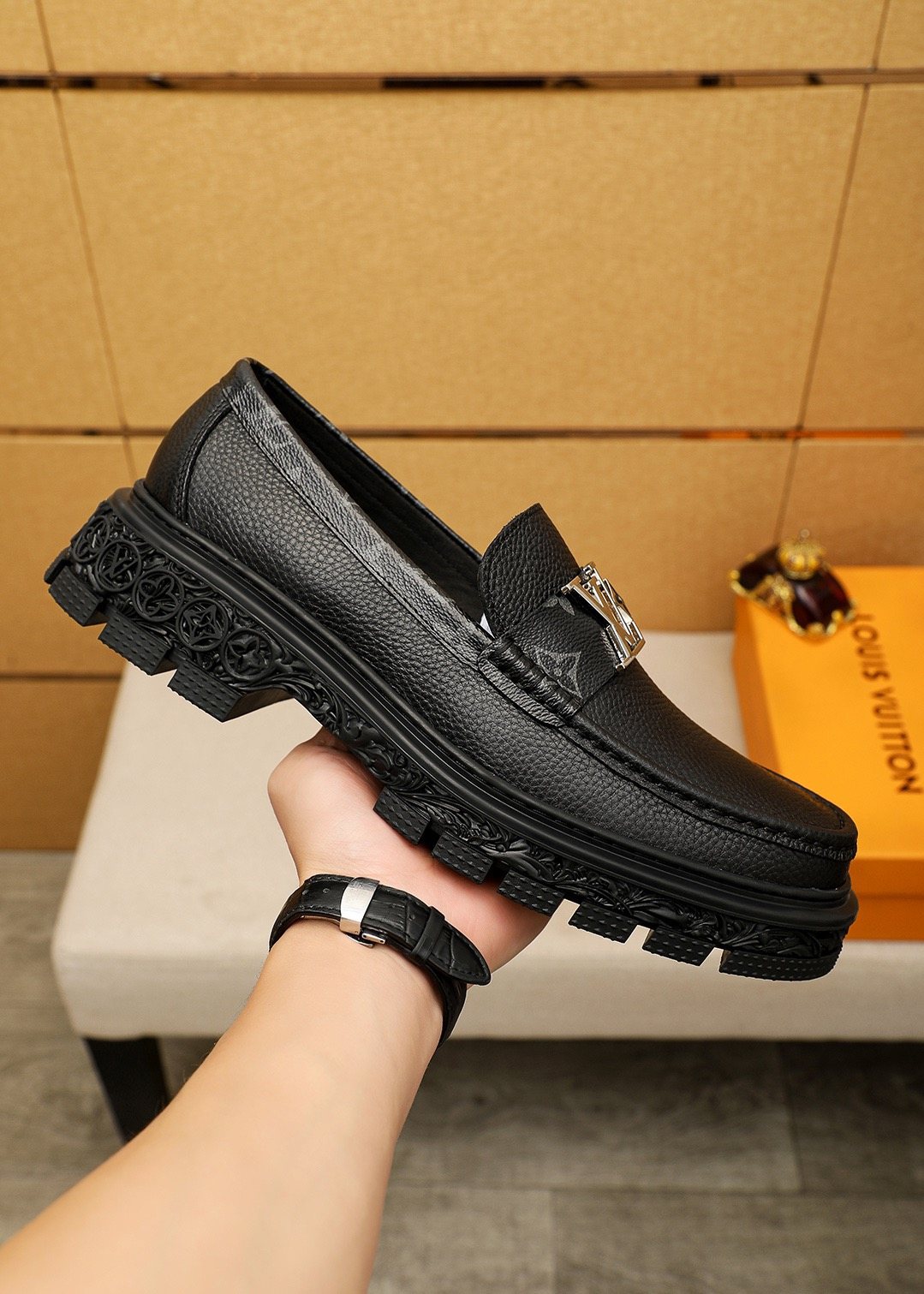 Louis Vuitton Black Textured Lug Sole Loafers