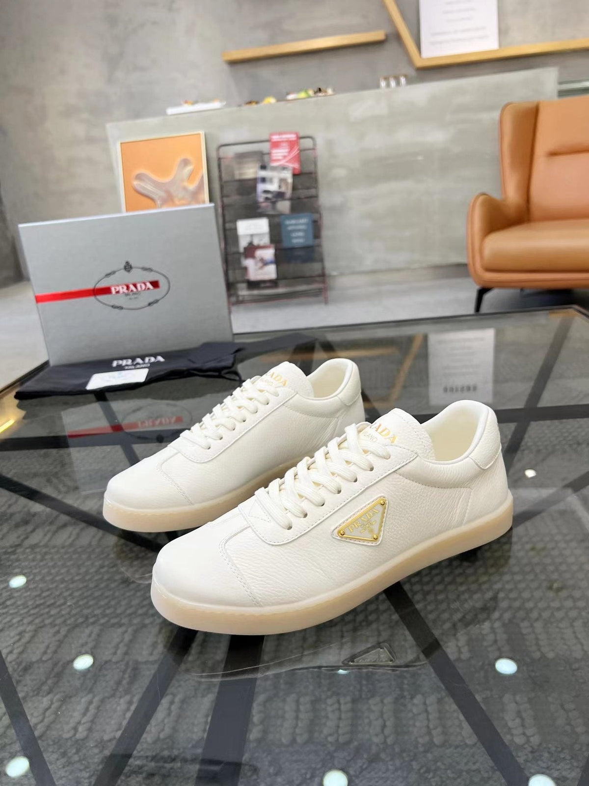 Prada Men's Gold Accent Low-Top Sneakers